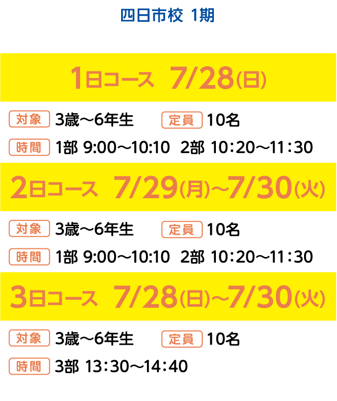 四日市市松本810,桑名市船馬町32,桑名市嘉例川144,いなべ市大安町片樋1707,スイミングスクール,夏の水泳短期教室,津田スイミングスクール